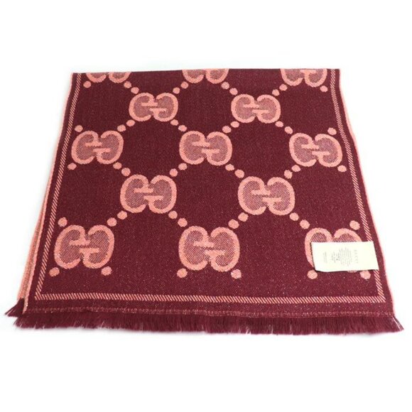 Gucci GG Wool Lame Jacquard Scarf Logo Scarf Pink Burgundy 3 Gc15 - Picture 3 of 5
